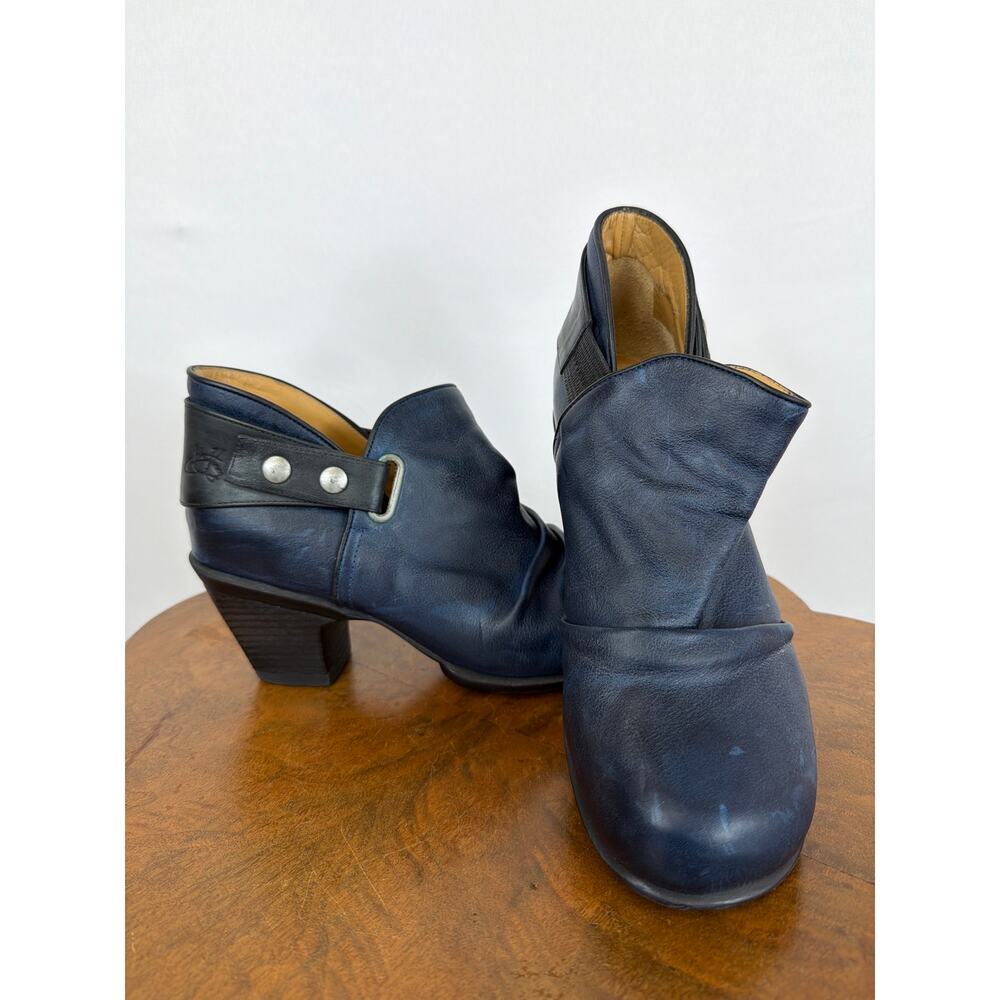John Fluevog Portugal Blue Distressed Leather Snap Closure 3 In Heel Shoes 10.5